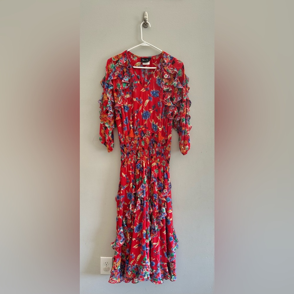 Vintage Diane Freis Red Floral Georgette Sequin Ruffle Maxi Dress